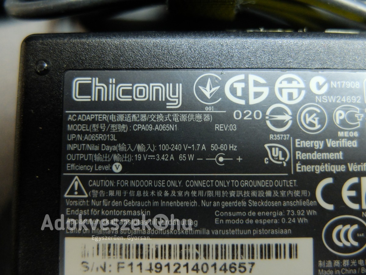 Chicony ACER Aspire laptop töltő 19V 65W Eredeti CPA09-A065N1 PA-1650-02