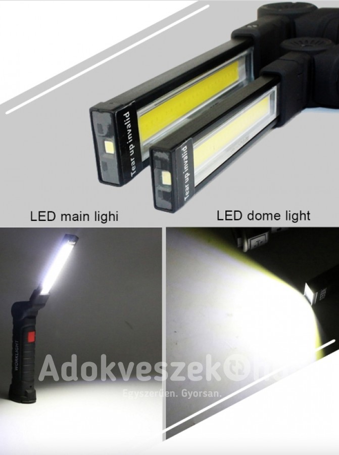 Új, tölthető LED  munkalámpa mágnessel és kampóval IP64 vízálló 5 világítási móddal