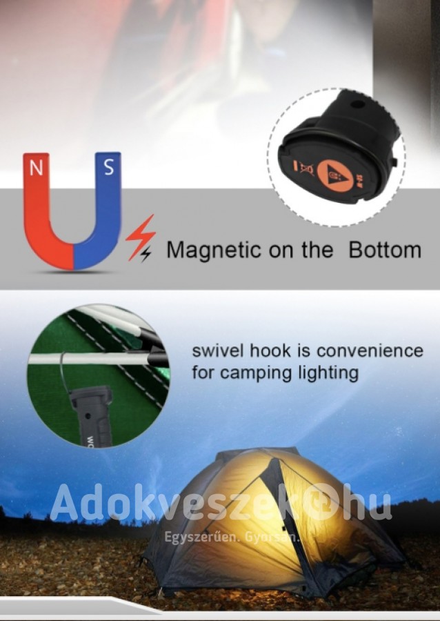 Új, tölthető LED  munkalámpa mágnessel és kampóval IP64 vízálló 5 világítási móddal
