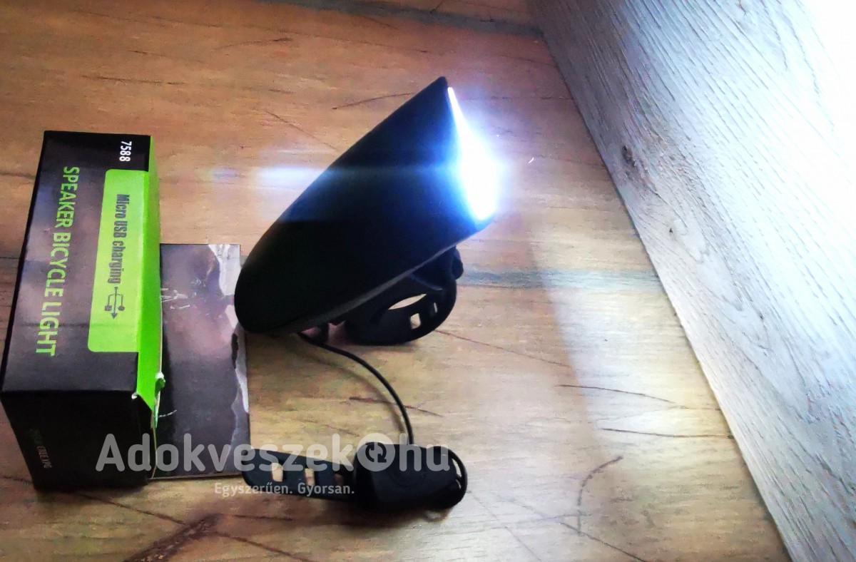 Új, kerékpár fényszóró beépített kürttel, USB újratölthető, 5 hang,140dB -50%!