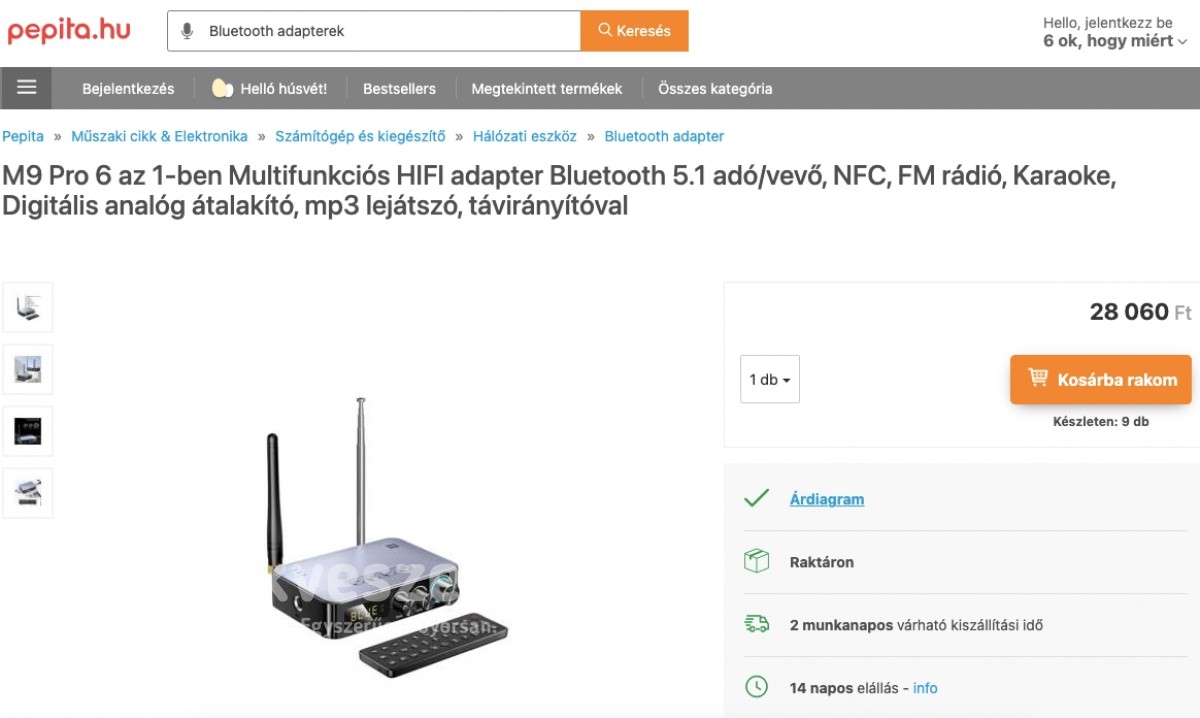 Új,M9 Pro 6 az 1-ben Multifunkciós HIFI adapter Bluetooth 5.1 adó/vevő bomba áron!