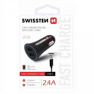 Autós töltő Swissten 2.4A  2x USB + kábel USB-C