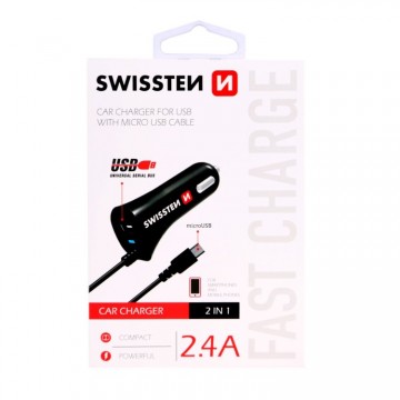Autós töltő Swissten 2.4A beépített Micro-USB kábellel és USB...