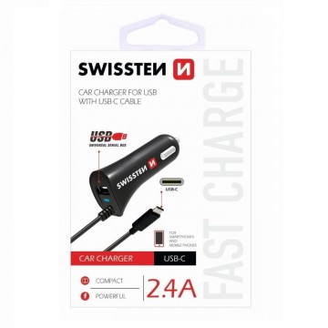 Autós töltő Swissten 2.4A beépített USB-C kábellel és USB...