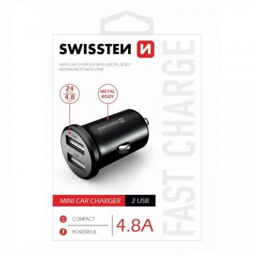 Autós töltő Swissten fém 4.8A2 USB slot, Black