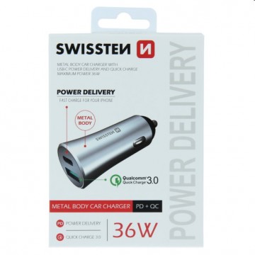 Autós töltő Swissten Power Delivery USB-C + Qualcomm 3.0...