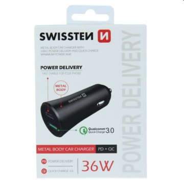 Autós töltő Swissten Power Delivery USB-C + Qualcomm 3.0...