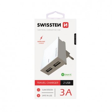 Gyorstöltés Swissten Smart IC 3.A s 2 USB konektorral, fehér
