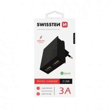 Gyorstöltés Swissten Smart IC 3.A s 2 USB konektorral, fekete
