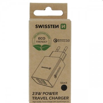 Töltő Swissten 2x USB QC 3.0 + USB 23W, fekete