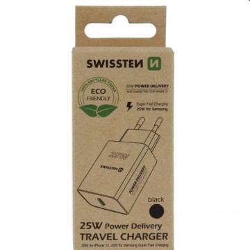 Töltő Swissten for iPhone és Samsung 25W, fekete, eco csomagolás