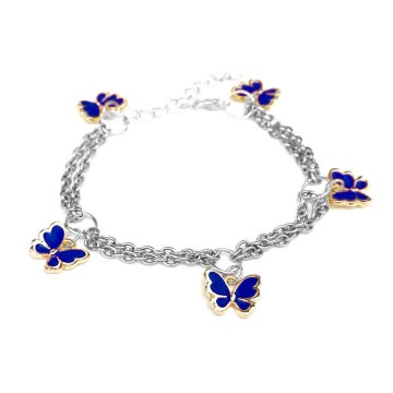 5 kék pillangós charmos dupla karkötő, ezüst színű
