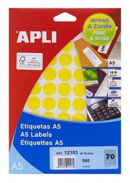 APLI Etikett, 19 mm kör, színes, A5 hordozón, APLI, sárga, 560...