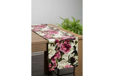 Fehér-rózsaszín virágmintás bársony asztali futó 35x180 cm