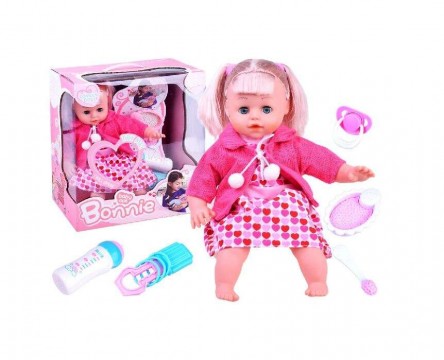 Játékbaba rózsaszín szivecskés ruhában kiegészítőkkel...