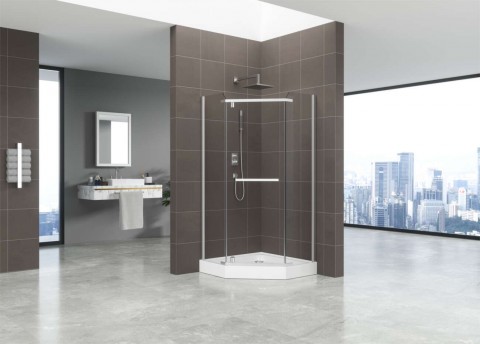 Ötszögletű üveg zuhanykabin tálcával sima 90x90x185 cm