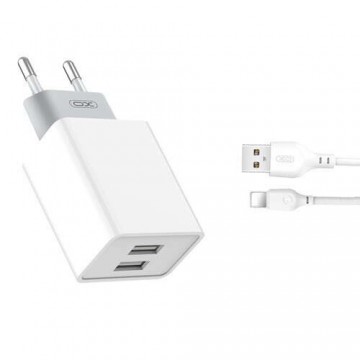 XO L65 fehér 2 USB töltőfej + iPhone 8pin adatkábel 2.4A